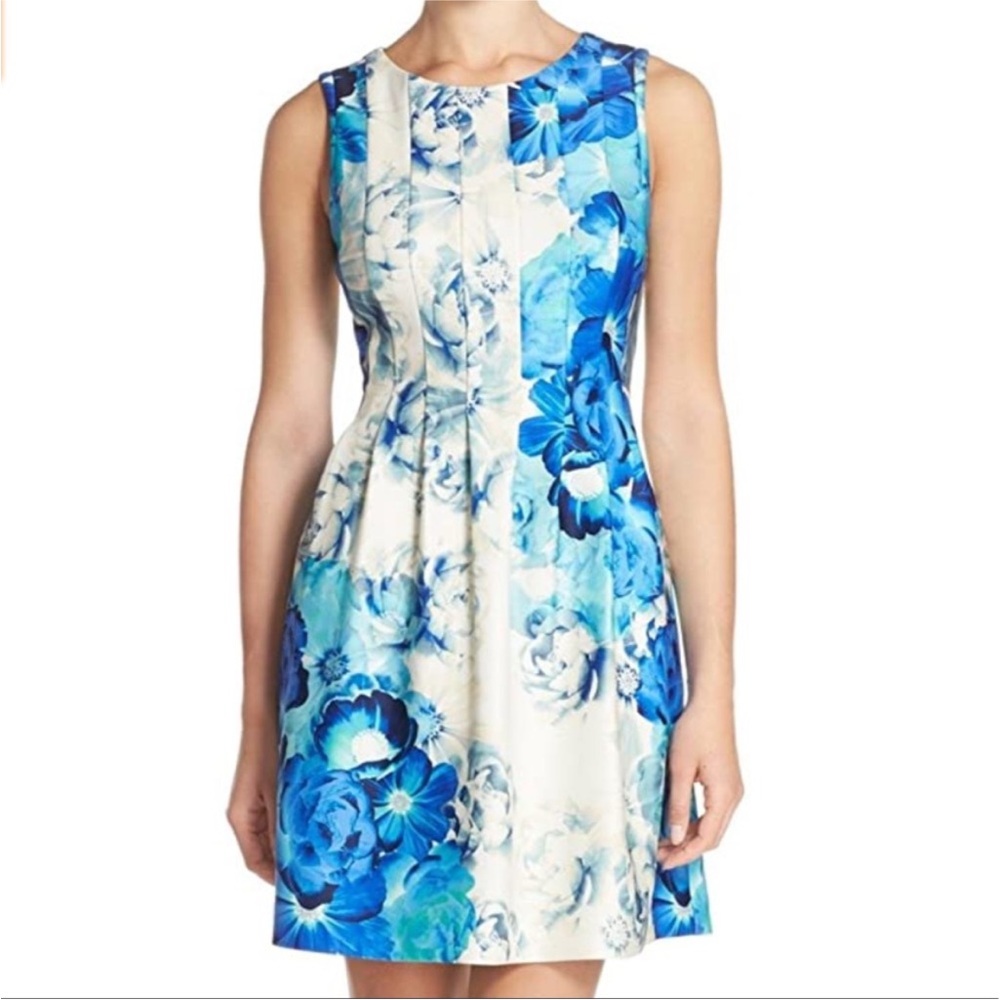 Eliza J Pleated Scuba Blue & Cream Floral Dress Size 6  Fit and Flare